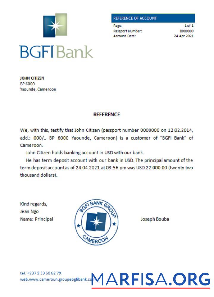Printable Cameroon BGFI Bank Bonapriso reference example